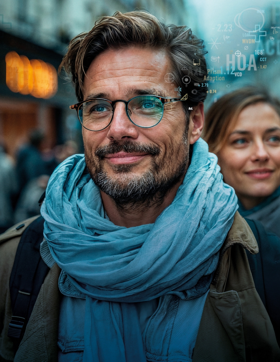 Mann mit Gleitsichtbrille steht auf belebter Straße. Futuristische Grafiken über seinem Kopf deuten die intelligente Brillentechnologie an. 